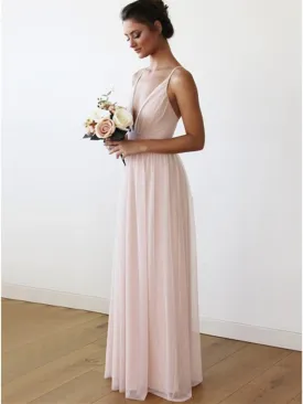 A-Line V Neck Criss-Cross Straps Pink Chiffon Long Bridesmaid Dress with Pleats,  Pink Chiffon Long Prom Dress