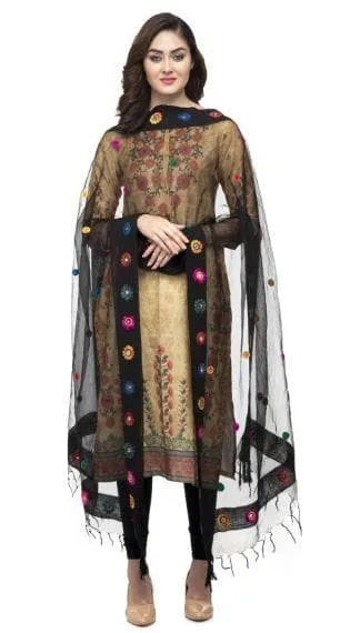 A R Silk Women's Orgenza Cotton Thread Work Black Fancy Dupatta