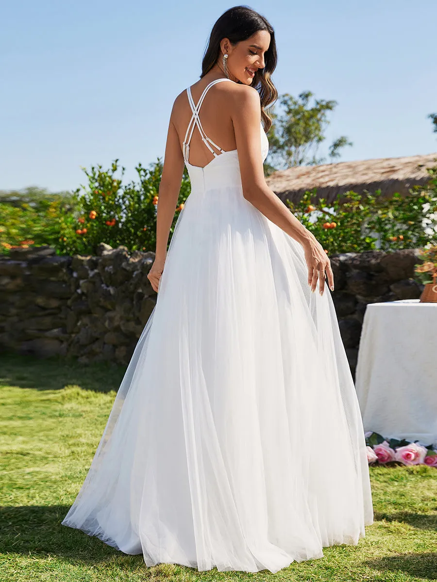 Backless V Neck Appliques Mesh Bridesmaid Dresses