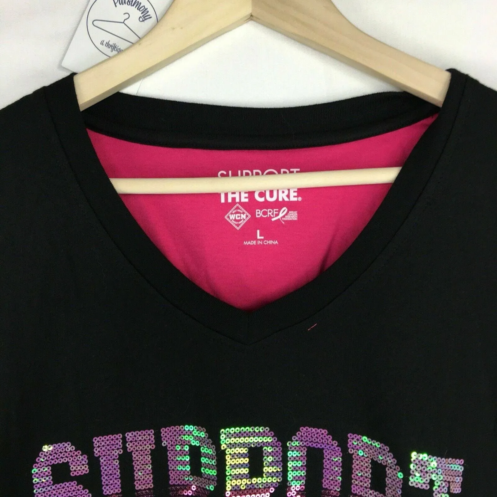 Breast Cancer Awareness Womens Size L Black V-Neck T-Shirt “Support the Cure” Sequined L/s