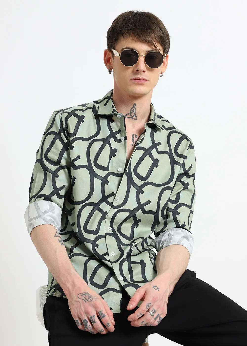 Contour Lines Green Printed Shirt