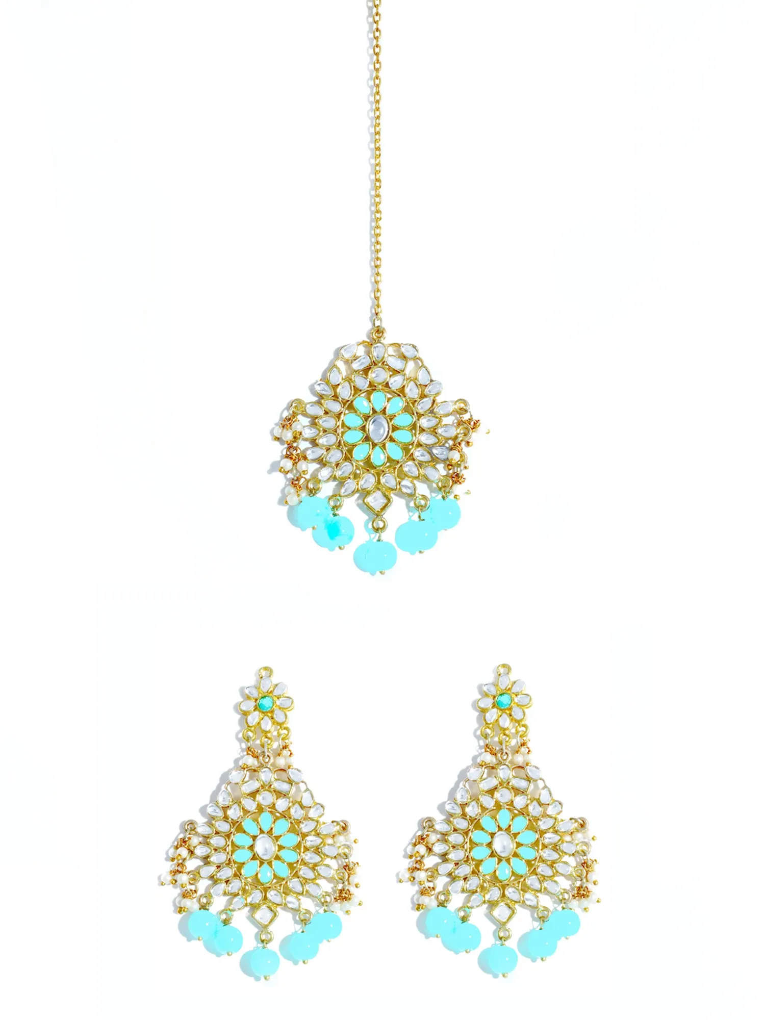 Gold Plated Mint Blue Beads Kundan Dangler Earrings with Maangtikka for Women