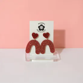 Heart Drop Arch Dangle Earrings - Red Glitter