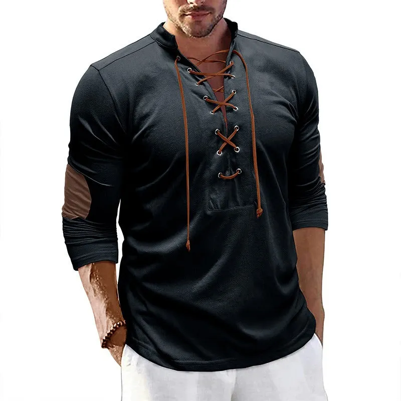 Men's Retro Long-Sleeved T-shirt Open Standing Collar Base Unhooded Shirt | 2379