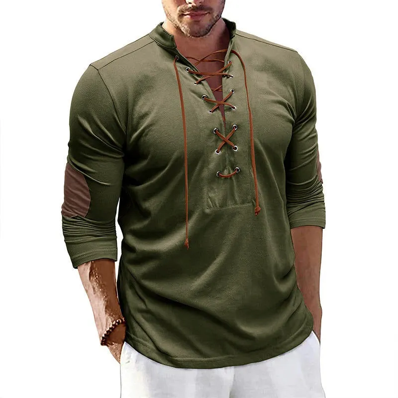 Men's Retro Long-Sleeved T-shirt Open Standing Collar Base Unhooded Shirt | 2379