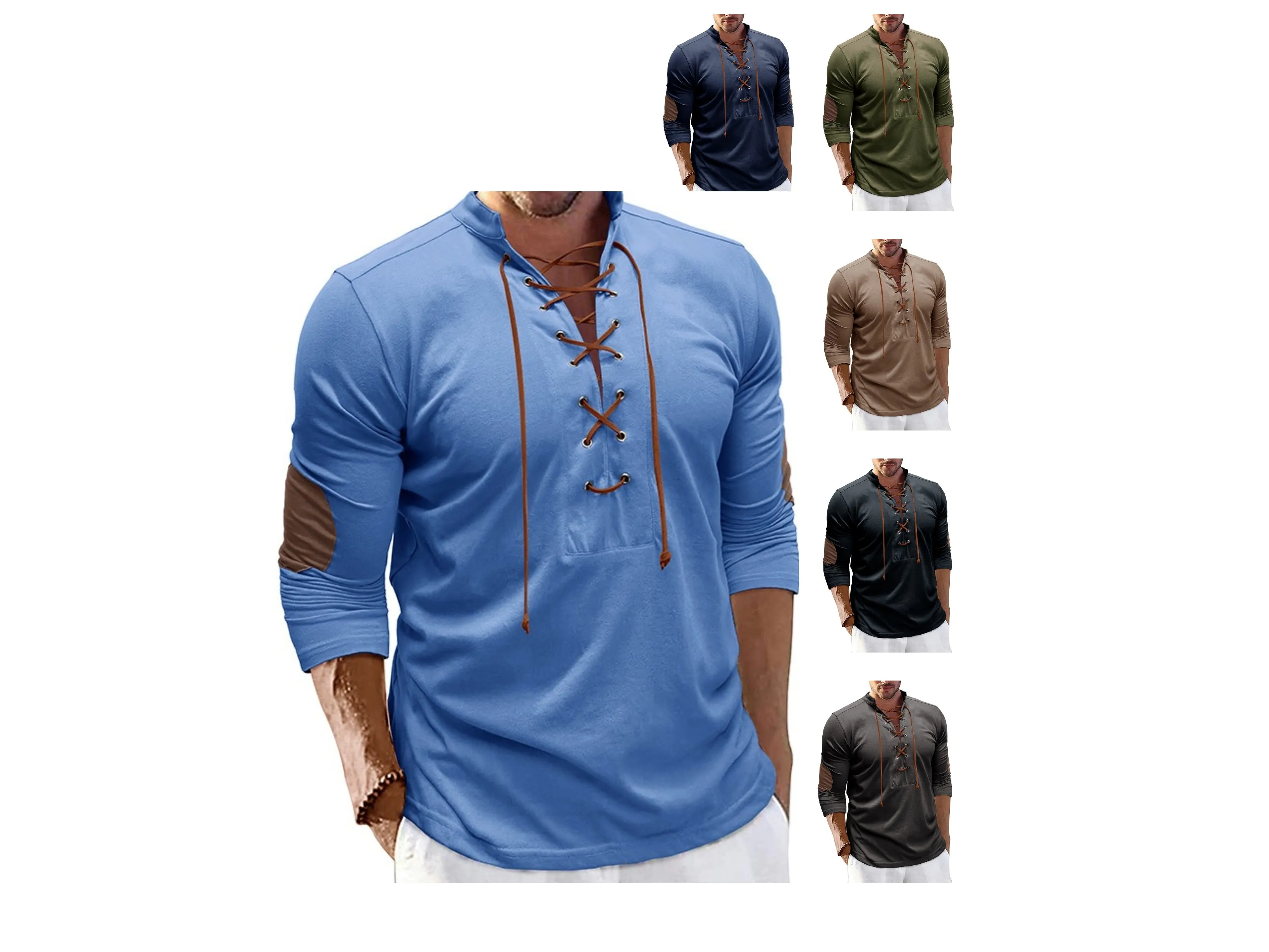 Men's Retro Long-Sleeved T-shirt Open Standing Collar Base Unhooded Shirt | 2379