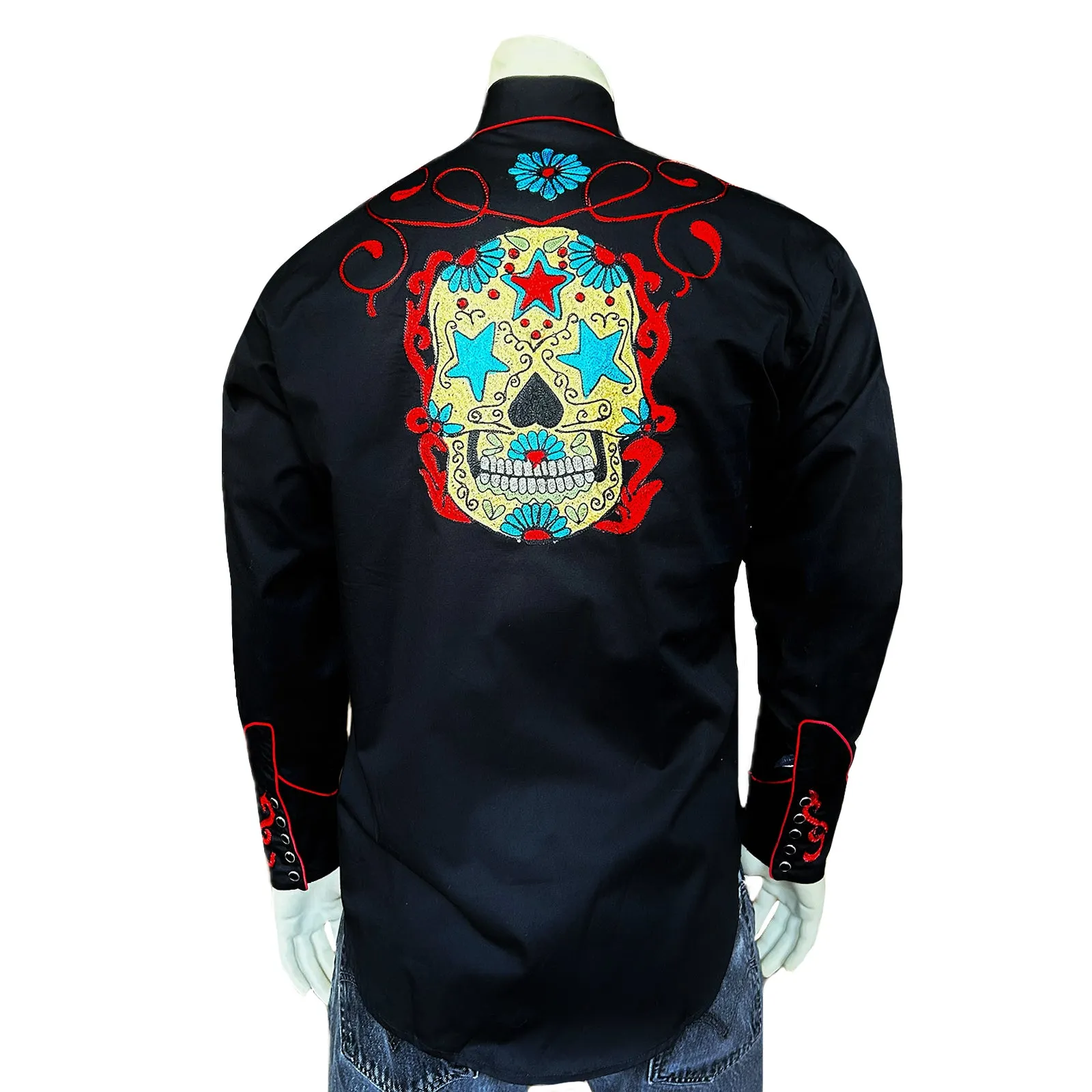 Mens Vintage Western Shirt with Embroidered Sugar Skulls