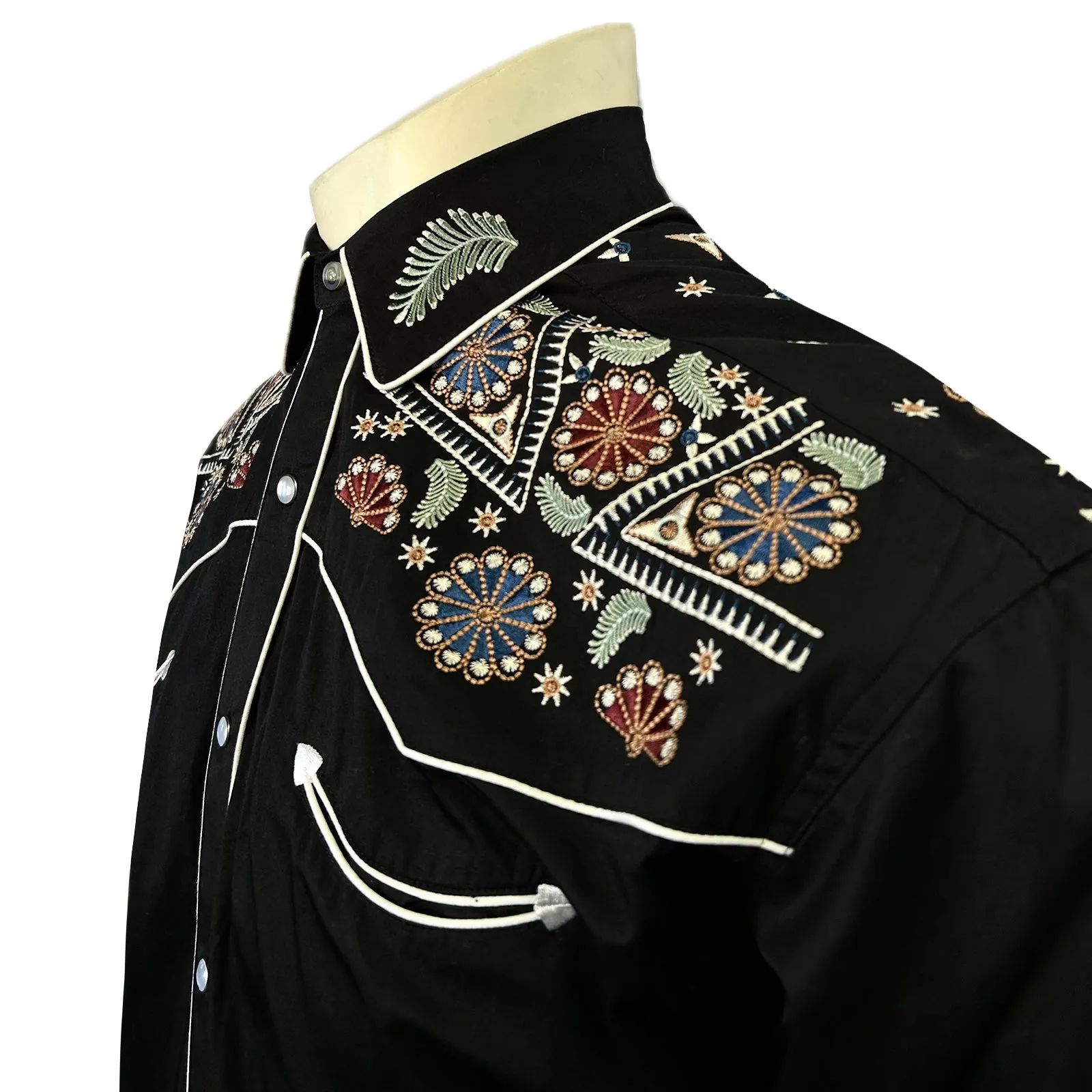 Men's Vintage Black Floral & Stars Embroidery Western Shirt