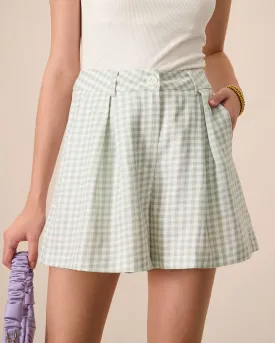 Women's Green Plaid Pocket Wide-leg Shorts